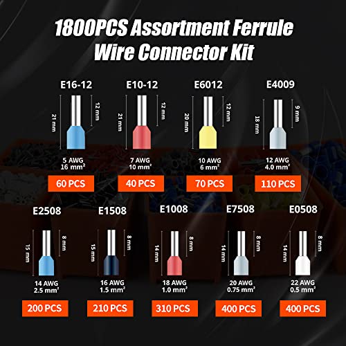 Ferrule Crimping Tool kit AWG30-5 Self-Adjusting Wire Ferrule Crimper Set with 1800PCS Wire End Ferrule Terminals