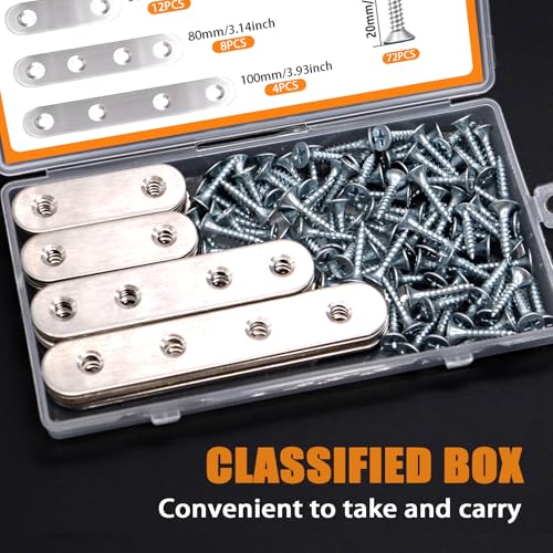 mankk 96PCS Flat Metal Brackets Mending Plate Stainless Steel Flat Straight Brace Brackets Fixed Connecting Plate for Wood Repair Fixing - color: Silver-50/80/100mm