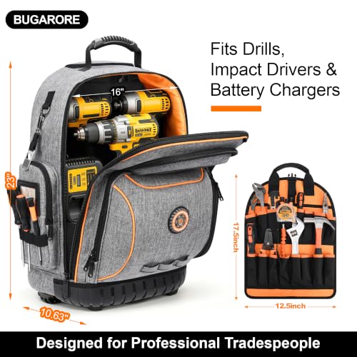 Rolling Tool Backpack with Wheels, 16" Heavy Duty Tool Bag with Molded Base - color: Grey