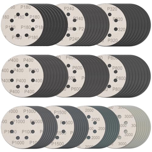 100Pcs 5 Inch Sanding Discs Hook & Loop 8-Hole Wet Dry Sandpaper Assortment - style: 100Pcs 180-3000 Grit (Mixed)