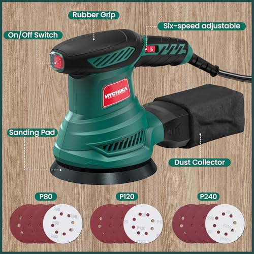 HYCHIKA 5-Inch Random Orbital Sander, 13000RPM Electric Palm Sander with 6 Variable Speeds, Powerful Motor, 12PCS Sandpapers and Efficient Dust Collection Bag, for Woodworking, Finishing and Polishing