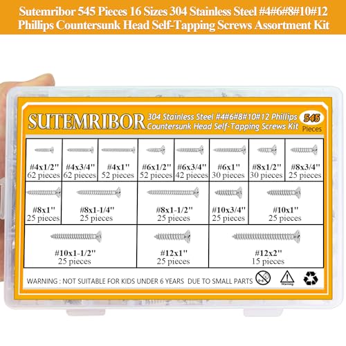 545 Pieces #4#6#8#10#12 Wood Screws Set, Phillips Countersunk Head #4#6#8#10#12 Self-Tapping Screws Assortment Kit, 304 Stainless Steel - size: Wood Screws Kit (#4#6#8#10#12), style: Phillips Countersunk Head