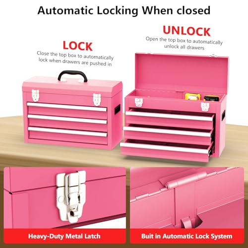 3 Drawer Metal Tool Box, Portable Metal Tool Box with EVC Liners and Latches Closure, Heavy Duty Steel Tool Chest with Ball Bearing Opening and Powder Coated Finish, Pink - color: Pink