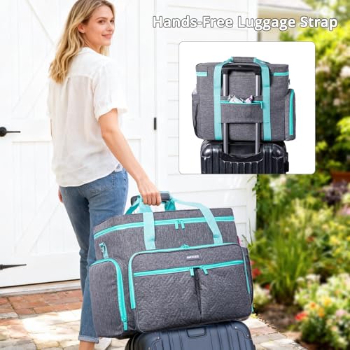 AMOIGEE Rolling Craft Bag with Wheels for Sewing Machine & Craft Supplies - color: Grey - Teal, size: With Wheels