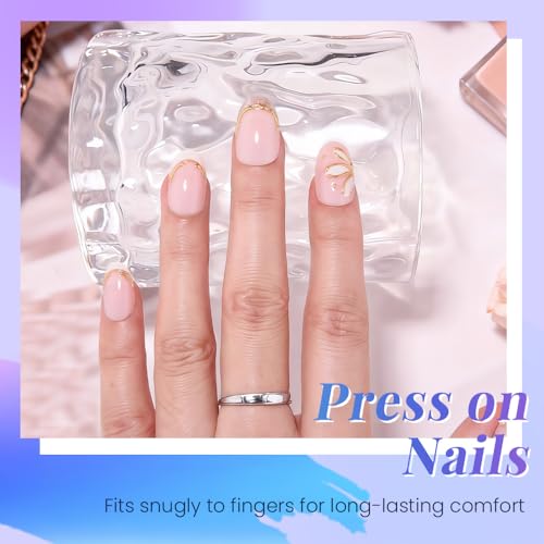 3D Gold Line French Tips Press On Nails Oval Short, White Flower French Tip Designer Reusable Acrylic Nails Press Ons, Fake Nails With Glue On Nail, Daily Wear Floral False Nails For Women - color: Q-1889, size: 24 Pieces (Pack of 1)