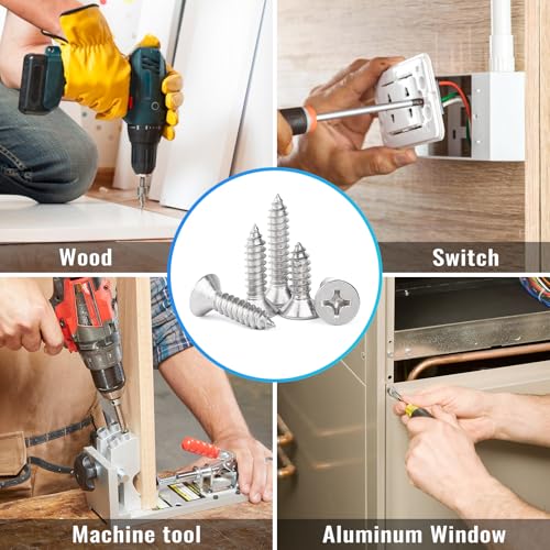 460PCS Stainless Steel Wood Screws Assortment Kit, 18 Sizes #4#6#8#10#12 Flat Head Sheet Metal Screws Self Tapping Screws Set for Wood Deck Drywall Concrete Screws, Length 1/4" to 2" - style: Silver Flat Head 460PCS