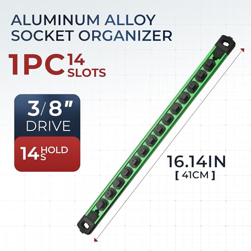 Reniteco Magnetic Socket Organizer, 3/8” Aluminum Alloy Rail, 14 Clips - color: Green, size: 3/8-inch Drive