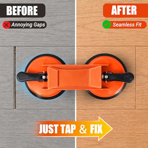 Floor Gap Fixer Tool: Flooring Repair Tool with 45° Striking Surface & Dual Suction Cups for Laminate & Vinyl Plank Floors Gap Puller Kit with Rubber Mallet, 8 Reusable Sticky Pads & Scraper
