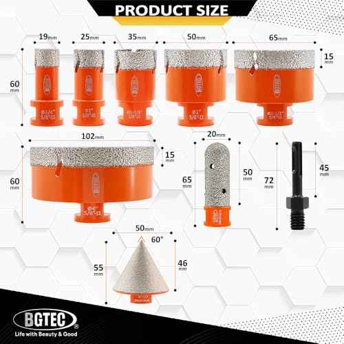 Tile Hole Saw Kit Diamond - 9PCS 5/8-11 Thread Drill Bit 19/25/35/50/65/102mm+50mm Beveling Chamfer Bit+20mm Finger Bit+SDS Adapter for Pocelian Tile Ceramic Marble Granite Stoneware - size: 9 pcs - 19/25/35/50/65/102mm, style: Flash Toothed