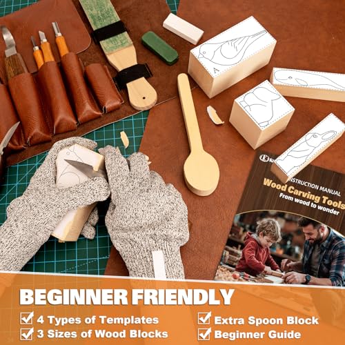 Wood Carving Kit, 32Pcs Wood Carving Tools with Storage Bag, Wood Whittling Knife Kit with 4pcs Templates & 11pcs Wood Carving Knives for Wood DIY Beginners