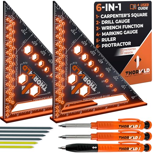 THORVALD 2 Carpenter Square 7 inch (1/16" Precision) + 2 Pencils + 12 Leads - T Square Multi-Purpose Carpenter Tools : Wrench, Protractor, Ruler, Marking Gauge, Drill Gauge, Carpentry Pencil - color: 2 Squares + 2 Pencils + 12 Leads