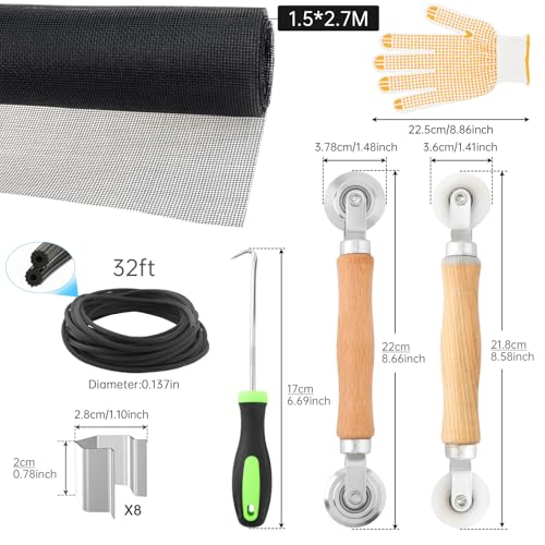 Window Screen Door Repair Kit,Include 59"×106" Black Screen Mesh+ 2 Steel/Nylon Roller+32Ft Spline+8 Clips+Hook+Non-Slip Gloves,7 in 1 Window Mesh Kit for Windows Doors Patio and Porch Replacement - size: 59"×106" Mesh+Tool