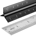 Architectural Scale Ruler Set, 2 Pack 12 Inch Aluminum Architect Ruler with Standard Metal Ruler, Imperial Architect Triangular Ruler with Etching for Architects, Engineers, Students and Draftsman - color: Black Silver