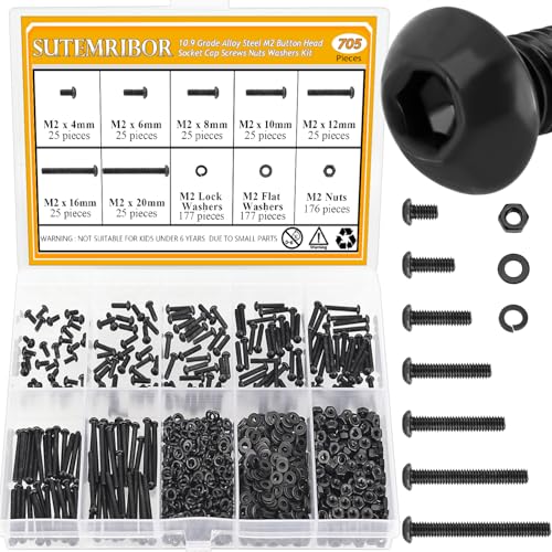 705 Pieces M2 Screws Nuts Washers Set Black, Sutemribor M2 x 4/6/8/10/12/16/20mm Button Head Socket Cap Screws Nuts Washers Assortment Kit, 10.9 Grade Alloy Steel, Fully Threaded - size: M2 x 4/6/8/10/12/16/20mm Kit, style: Button Head