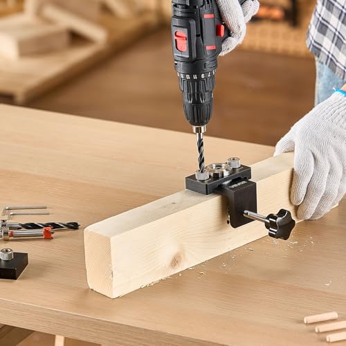 VEVOR Doweling Jig Kit, Self Centering Dowel Drill Jig for Straight Holes, Aluminum Alloy Woodworking Joints Tool with 3 Size Drill Bits 5/16", 3/8", and 19/32", Adjustable Width, for Wood Working - size: Ultra, style: Doweling Jig