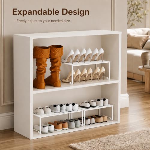 Extendable Metal Wire Shelf Organizer - Adjustable 15-24.4in Length, Stackable Storage Rack for Kitchen/Pantry/Bathroom/Shoe Cabinet/Tool Closet (1, White) - color: White, size: 1 Pack