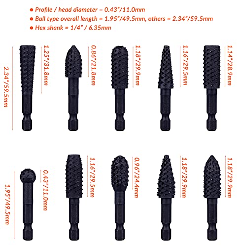 10PCS Rotary Burr Wood Carving Rasp Files Set with 1/4" Hex Shank - size: 1/4" Hex Shank (10 Pcs)