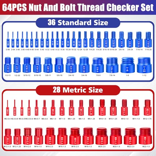 64Pcs Thread Checker, Nut and Bolt Thread Checker, 36 Inch & 28 Metric Box Set Thread Gauge, Thread Checker Standard and Metric Suitable for Size Checker of Bolts or Nuts in Narrow Areas - size: 64 Gauges - 36 Inch & 28 Metric