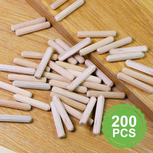 1/4" x 1-1/2" Wooden Dowel Pins, FoDau770 Fluted Wood Dowel Rods, Natural Beech Wood Dowel Pegs for Crafts, Woodworking, DIY Furniture - 200 Pieces - size: 1/4" x 1-1/2"
