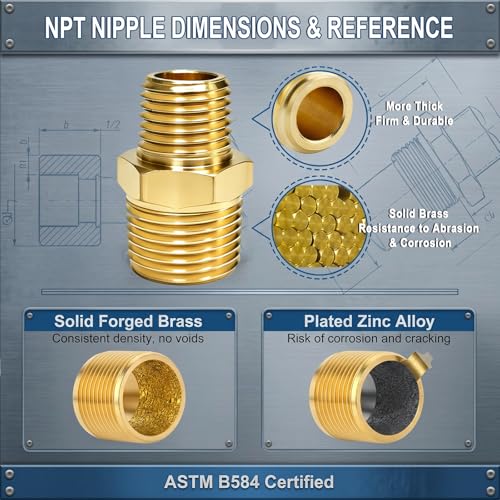 3/8" NPT to 1/4" NPT Brass Reducer Fitting, 2-Pack Solid Brass Hex Nipple | Solid forged brass, ASTM B584, 300 PSI rated. 3/8 male x 1/4 male NPT adapter for HVAC, pneumatic and air compressor systems - size: 3/8"NPT x 1/4" NPT Male(2PCS)