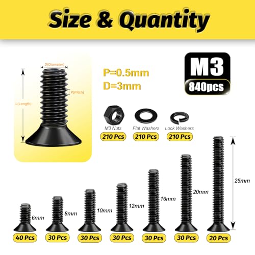 KADRICK 840Pcs M3 Countersunk Screws,M3 Flat Head Screws Length of 6MM-25MM - size: M3 840Pcs 6-25mm