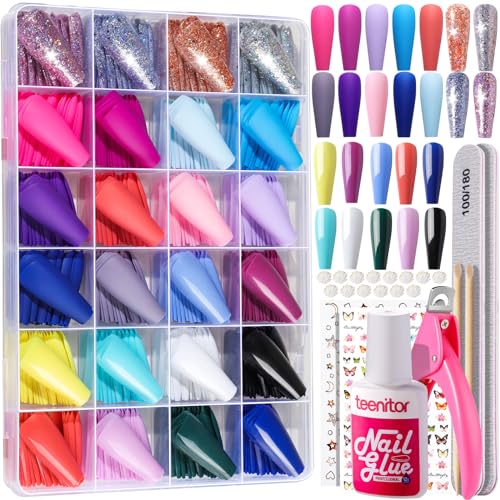 Teenitor Long Fake Nails Kit - 10 Colors Matte & Glossy, 4 Glitter Press On Nails - color: Matte/Glossy/Glitter Colors