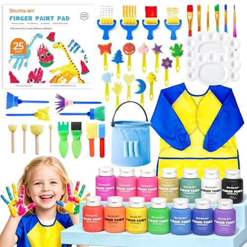 Shuttle Art Washable Finger Paint Set, 53 PCS with 14 Colors (2 fl oz), Paint Brushes, Sponge, Palette, Non-Toxic Finger Painting for Toddlers - color: 14 Colors