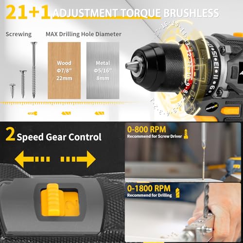 AwxryoX Brushless Compact Drill Tool Set, 60N.m 20V Cordless Drill Tool Box with 2 Battery, 135Pcs Man Household Combo Set with DIY Hand Taladros Kits, 531 In-lb Kit with Drill for Daily Home Repair