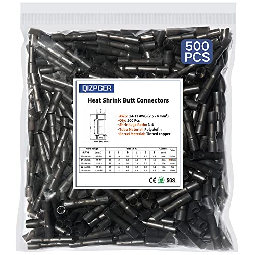 Heat Shrink Butt Connectors, 14-12 AWG Marine Grade Insulated Crimp Wire Connectors, Waterproof Electrical Connectors Butt Splice for Boat Truck Wiring - size: 14-12 AWG (Black)