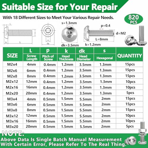 820Pcs Screw Assortment Kit, M2-M4 Stainless Steel Hex Button Cap Bolts - size: SS M2 M3 M4 820pcs 2