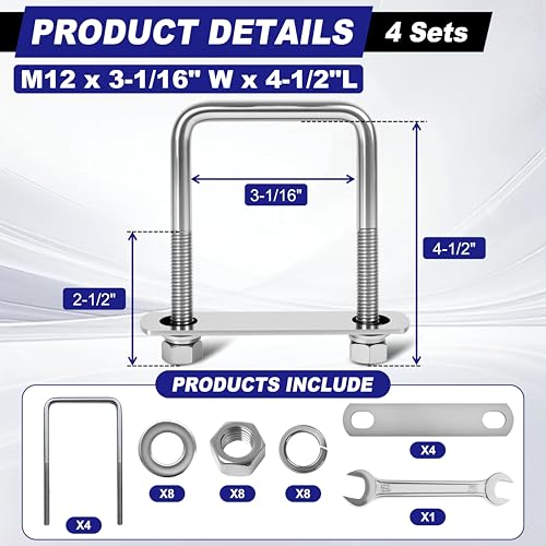 4 Sets M12 Square U Bolts 3 Inch Wide, 1/2" x 3-1/16" W x 4-1/2"L - size: M12 x 3-1/16"W x 4-1/2"L