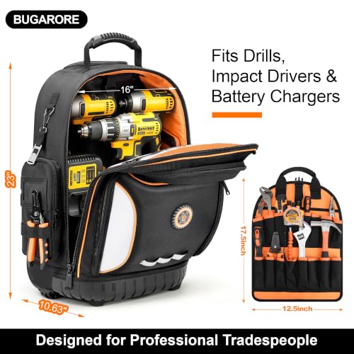 16" Rolling Tool Backpack with Wheels, 75 Pockets Electrician Tool Bag for Construction HVAC, 1680D Waterproof, Molded Base & Combination Lock - color: Black