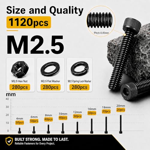 1120PCS M2.5 Screws Kit, M2.5x4/6/8/10/12/16/18/20mm Hex Socket Head Cap Screws Nuts & Washers Assorted Set, 12.9 Grade Black Oxide M2.5mm Screw for 3D Printer,DIY - size: M2.5 1120pcs