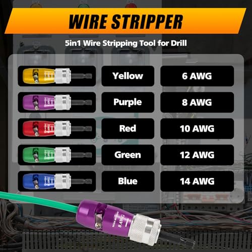 Wire Stripper for Drill, Professional Cable Stripping Tool for AWG 6-8-10-12-14 Gauge, Includes 5 Pcs Wire Strippers, 2 Pcs Wire Twisters, 5 pcs Wire Nuts
