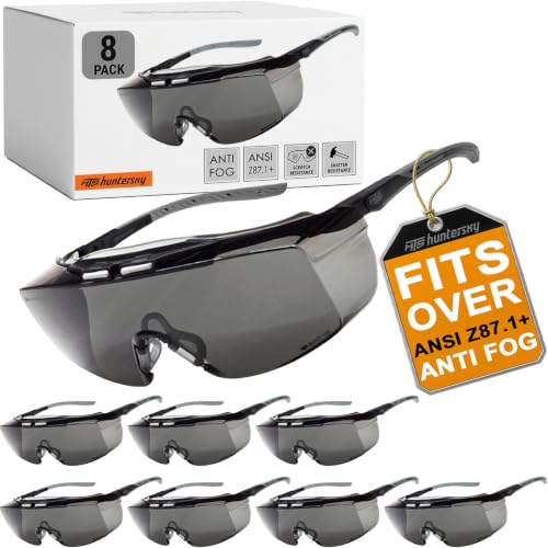 HTS HUNTERSKY ANSI Z87.1+ Anti Fog Fit Over Eyeglasses Safety Glasses Up to 1.88 inch 99.9% UV Protection OTG Lab Goggles - color: 3906s Black-gray / Gray Lens - 8 Pack
