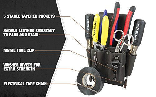 Southwire POUCH4 Leather Tool Pouch; 5 Pocket Pouch with Electrical Tape Chain; Fade Resistant; Durable Compartments; Washer Rivets; Includes Metal Tool Clip; Dark Brown