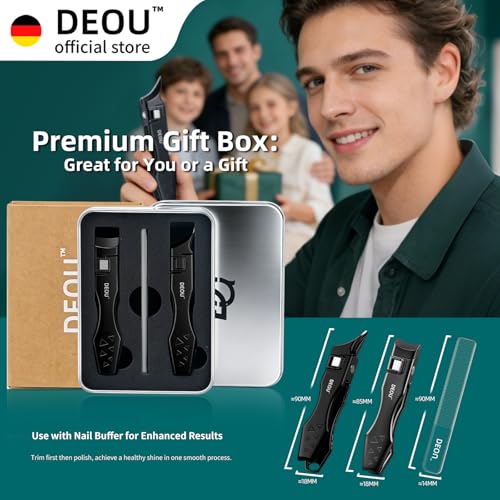 DEOU Nail Clippers Set, Stainless Steel Manicure Kit for Thick Hard Ingrown Nails, Anti-Splash with Nail File, Portable Keyhole Design, Gift Box for Home Travel (Black, Diagonal Cut + Straight Cut) - color: Black, Diagonal Cut + Straight Cut