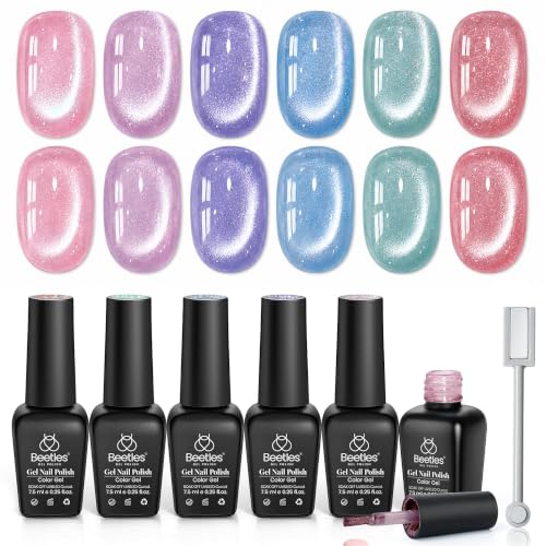 Beetles Romantic Galaxy Cat Eye Gel Nail Polish Set - 6 Colors Glitter Gel Polish Kit Pink Blue Purple Red Green Velvet Gel Magnet Soak Off UV French Nail Art Manicure Spring Summer Gift for Women - color: 0-0-0-Romantic