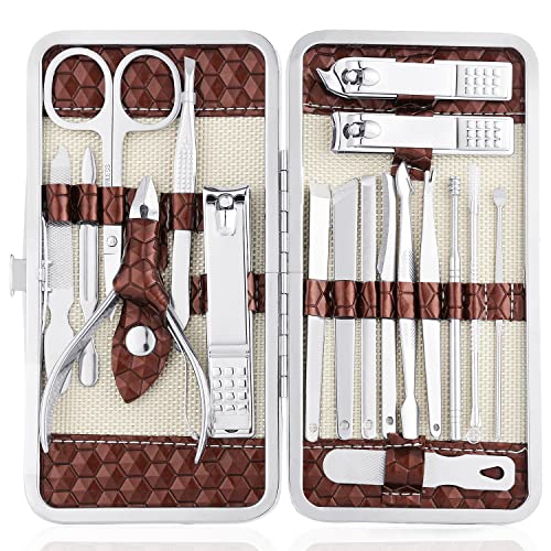 Yougai Manicure Set, Brown, 18Pcs Stainless Steel Nail Clippers - color: Brown