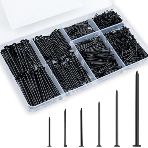 KURUI Black Nails for Hanging Wall Decor Tapestry Pictures Frame,700pc Picture Hangers for Bedroom Bathroom Office, 6 Sizes Small Finish Nails Assortment Kit,640 Frame Nails and 60 Finishing Nails - color: Black
