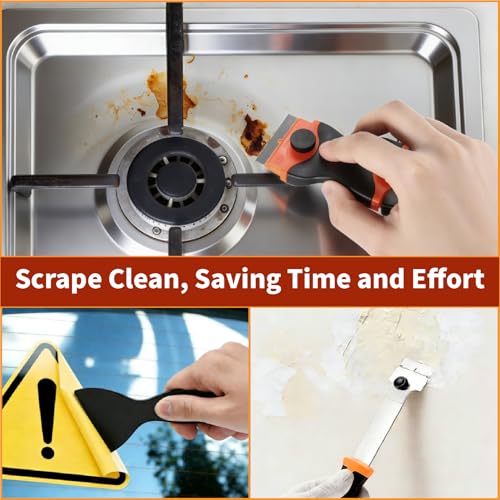 Razor Blade Scraper Tool -4 Pack Cleaning scrapper with 10 Metal & 10 Plastic Razor Blades Multi-Purpose Glass Scraper for Windows, Sticker, Decals, Cooktop, Paint Removal,Stovetop(Orange)