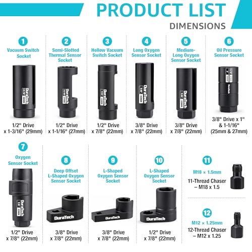 DURATECH 12PCS O2 Oxygen Sensor Socket Set with Storage Case - size: 12pcs
