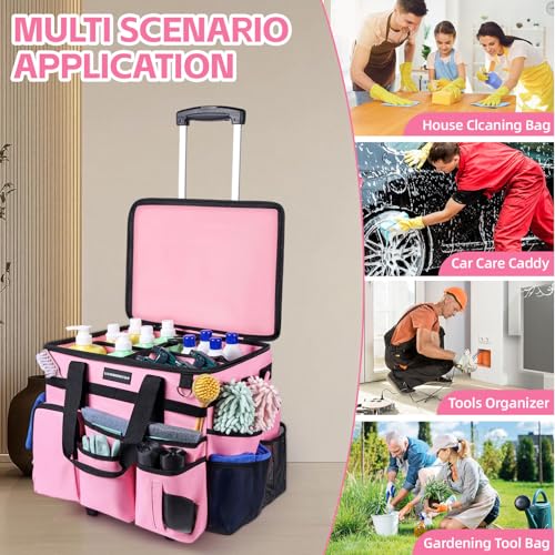 Extra Large Rolling Cleaning Caddy Bag with Wheels, Cleaning Baskets Bags with Detachable Trolley For Housekeepers , Water Resistant Cleaner Supplies Organizer with Wheels for Kitchen, Car