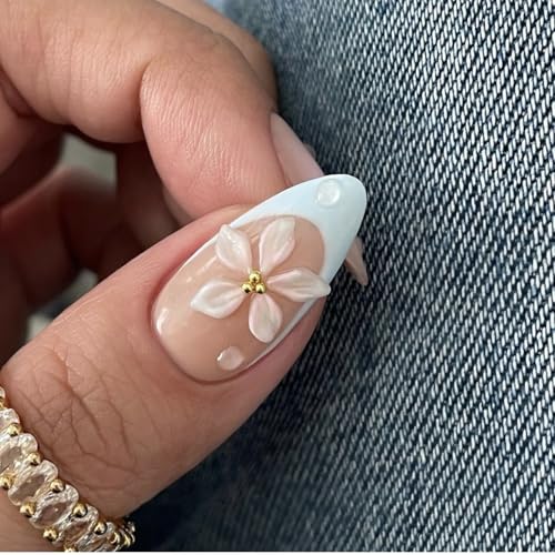 LPOODDNU Almond Flower Pearl Press on Nails - Medium 3D Fake Nails with French Tip Designs, Glossy Finished Reusable False Nails with Double Adhesive Glue Tabs - 24Pcs Nail Kit for Women Manicure - color: blue french tip flower