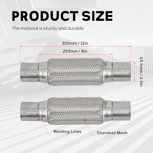 2.5''X8''universal stainless steel Exhaust Flex Pipe with Ends 12" Inch Long Heavy Dutydouble braided bendable exhaust Flex Pipe - size: 2.5''X8''X12''