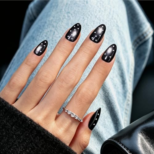 Beetles Black Cat Eye Press On Nails Short Almond, 32 PCS, White Polka Dots - color: 2B - Оnух Ring - S