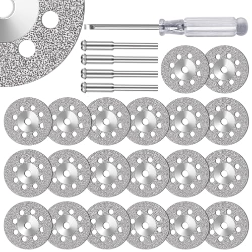 FOTYBEI 20pcs 545 Diamond Coated Cutting Wheel (20mm) for Dremel Rotary Tool with 402 Mandrel (3mm) 4pcs and Screwdriver for Rotary Tool Accessories Stone Glass Cutting (20pcs-20mm) - style: 20pcs-20mm