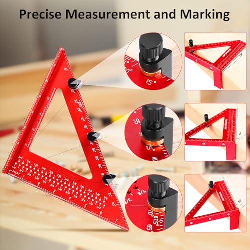 8 inch 3D Multi-Angle Measuring Square Ruler, WT103C High Precision Hole Scribing Woodworking Tools, 0-90° Aluminum Alloy Carpenter Square with Stair Gauges, Carpenter Pencils 6 Refills. - color: 8 inch Square+Pencil+Stair Gauge, style: Imperial