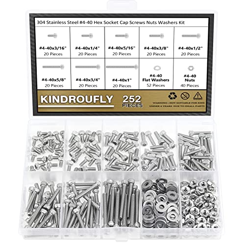 252 Pieces #4-40 x 3/16", 1/4", 5/16", 3/8", 1/2", 5/8", 3/4", 1", Hex Socket Head Cap Screws Nuts Washers Assortment Kit, 304 Stainless Steel, Fully Machine Thread - size: #4-40, style: Socket Head