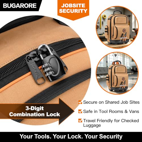 Rolling Tool Backpack with Wheels, 16" Heavy Duty Tool Bag with Molded Base - color: Brown